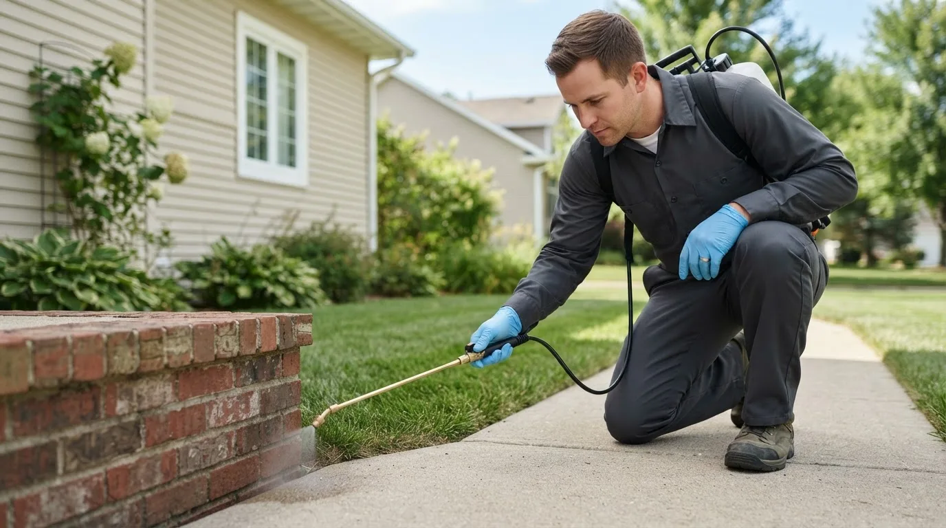 Pest control technician treating a home near Detroit, OR